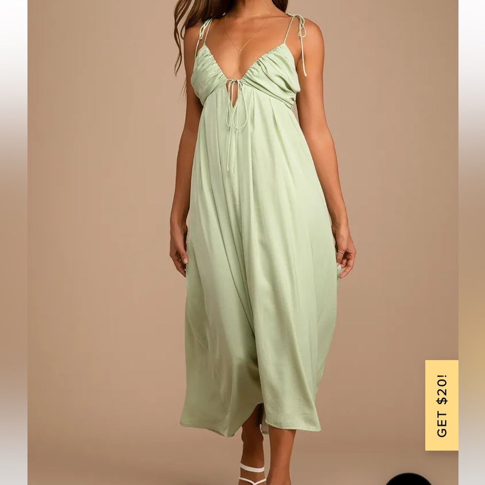 NWT Lulus Confidence Check Sage Green Satin Tie Back Maxi Dress